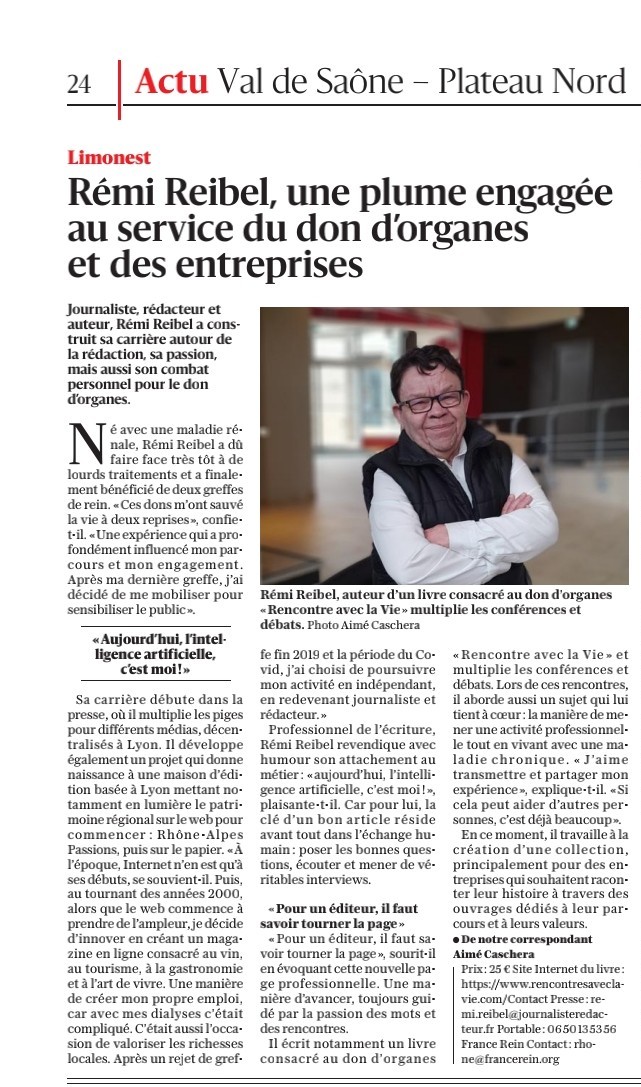 Article du Progrès : Rémi Reibel, une plume engagée au service du don d'organes et des entreprises